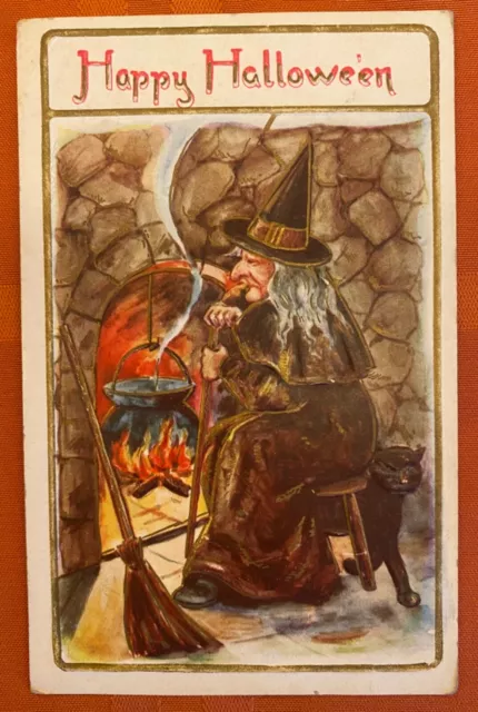 Vintage Halloween Postcard Witch fireplace cauldron cat broom