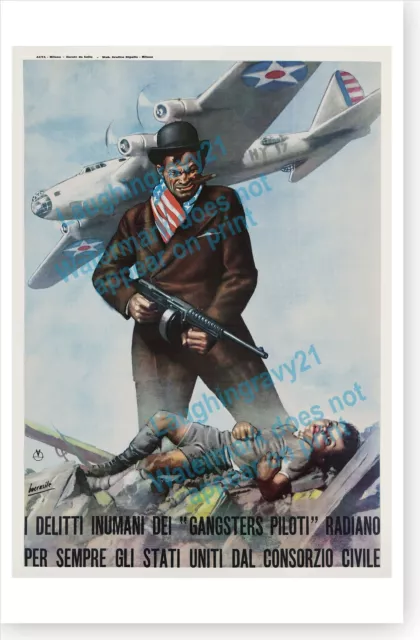 U.S. Gangster Pilot With Tommy Gun WWII Italian Propaganda Poster