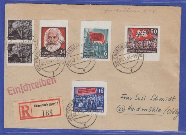 DDR 1954  4 geschnittene Karl Marx Blockmarken in MIF auf R-Brief aus Ebersbach