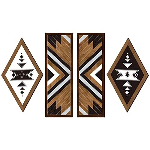 Maitys 4 Pieces Wooden Aztec Sign Wall Art Wood Farmhouse Wall Hanging Geometric