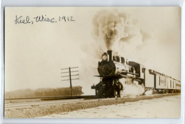 1912 railroad train engine, Kiel, Wisconsin; photo postcard RPPC  K