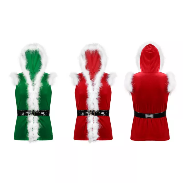 Men Sexy Santa Claus Costume Velvet Christmas Waistcoat Vest Hooded Jacket Shirt