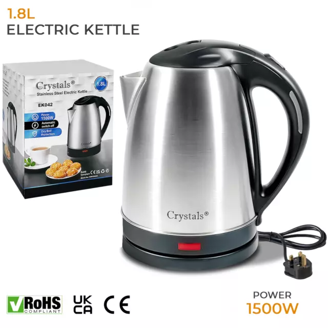 Electric Kettle Stainless Steel Cordless Jug 1.8L LED Overheat Protection 1500W