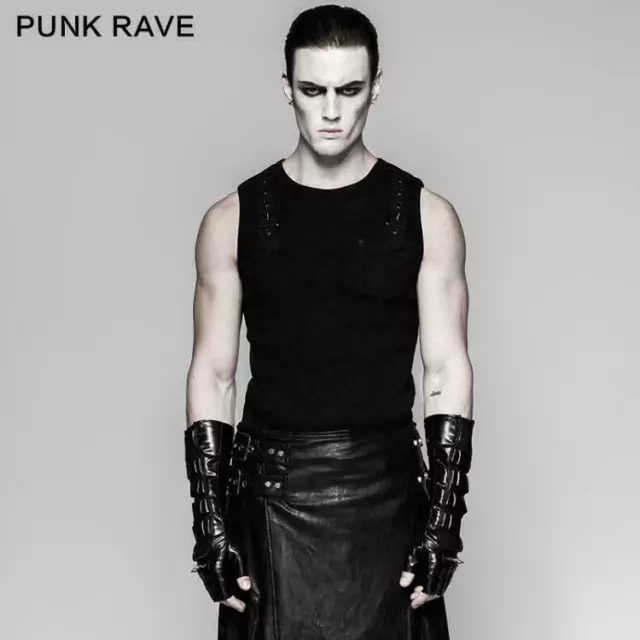 Punk Rave Steampunk Black Men's Biker Leather Gloves Delicate Mesh Long Gloves