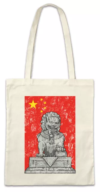 Chinese Lion Statue And Flag Shopper Shopping Bag China Asia Flag Banner Dragon