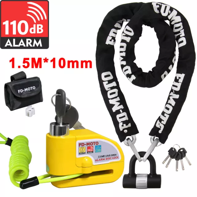 FD-MOTO 110dB Alarm Disc Brake Lock + Free Carry Pouch and 1.5M Reminder  Cable Anti-Theft Motorcycle Motorbike Security Lock