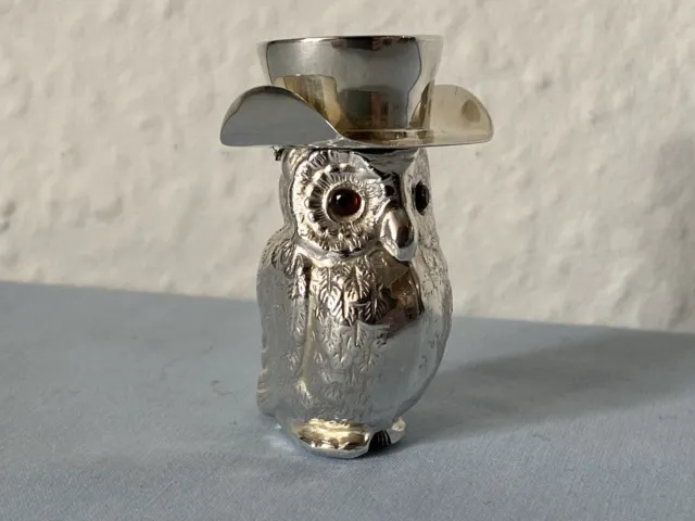 Rare Vintage Sterling Silver Match Safe Vesta Case / Owl In Top Hat / Excellent