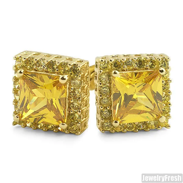 Canary Lemonade 2 Carat Princess Cut CZ Gold Halo Stud Earrings