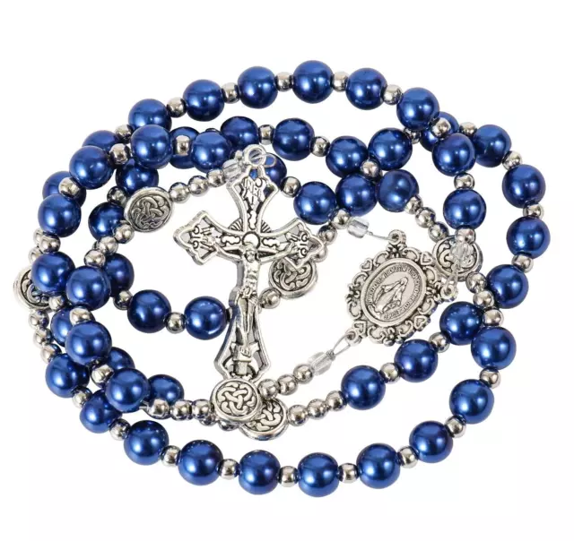 Blue Pearl Beads Rosary Metal Wired Necklace Miraculous Medal & Cross Crucifix