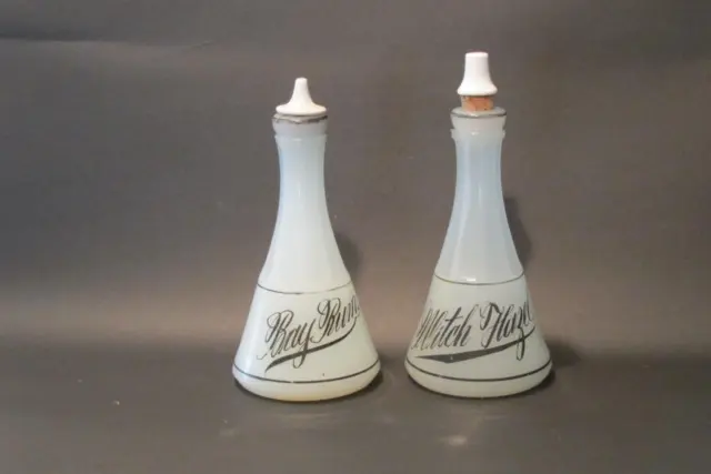 Pair  E. W. Inc. Moonstone Glass Barber Bottles w/Stoppers Bay Rum & Witch Hazel