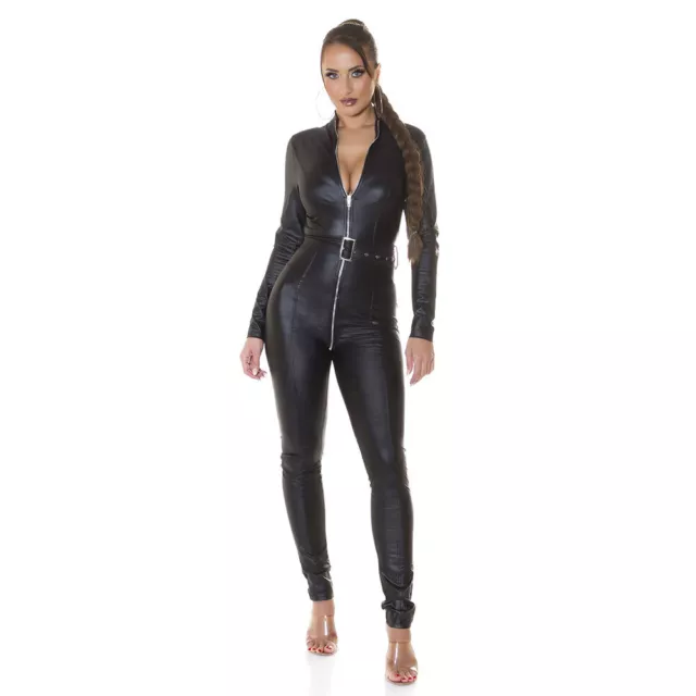 Leather Look Catsuit Full Crotch Zip Jumpsuit Belted KouCla - Black