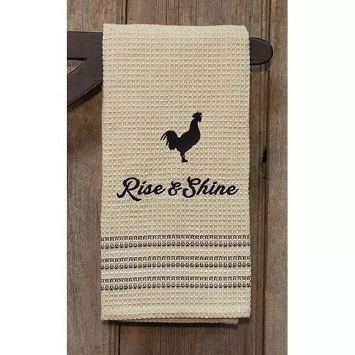 NEW Farmhouse Dish Towel RISE AND SHINE Tan Black Tea Hand 20"W x 28" L Country