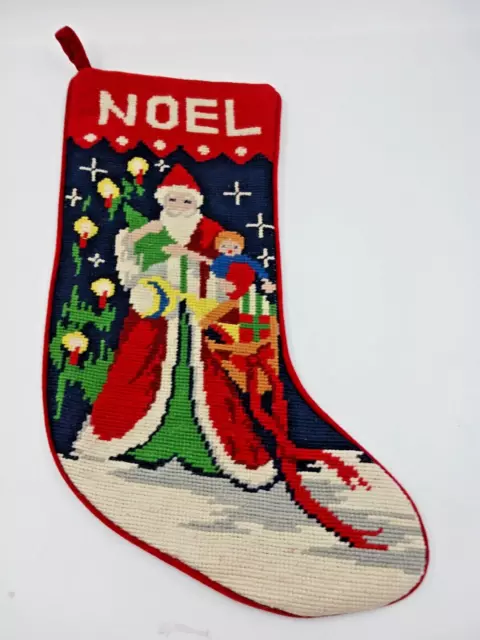 Vintage Christmas Stocking Wool Needlepoint Velvet Backing Santa Noel 17”