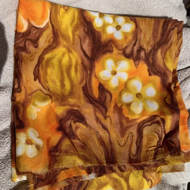 Vintage 60s 70s Marbled Mod Floral Gold Glitter Barkcloth Style Fabric 44x44”