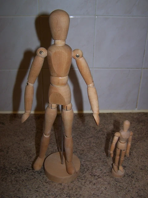 two vintage ikea wood articulated mannequins art figures on stand