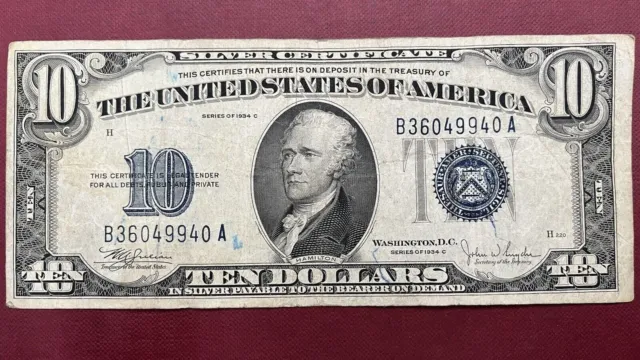 1934 C Ten Dollar Silver Certificate Note $10 Bill Blue Seal Circulated #58858