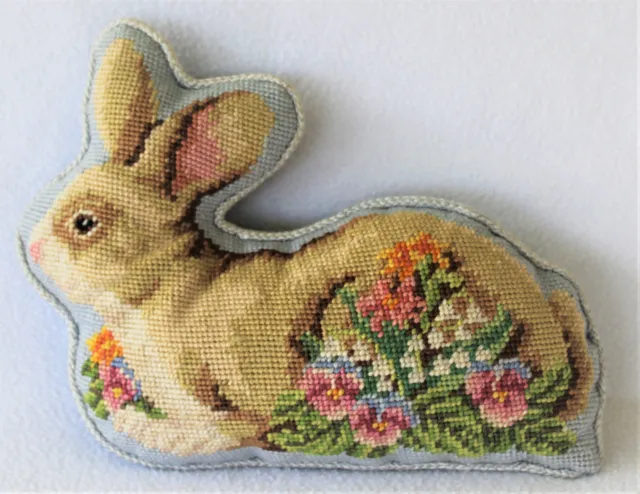 VTG Wool Needlepoint Rabbit Bunny Accent Pillow Lillian Vernon Velvet Cord Trim