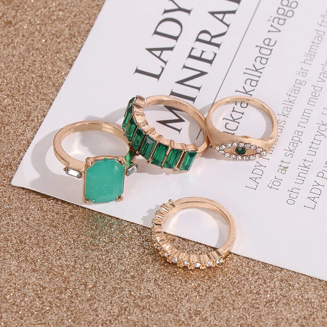 6 pcs /set Green Rhinestone Rings Vintage Crystal Snake Adjustable Metal RiJ4