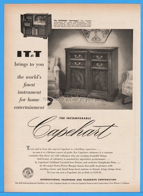 1952 IT&T Capehart Farnsworth Saratoga Television Console TV Turntable Stereo Ad