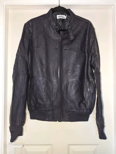 Topman Black Leather Bomber Jacket Large 46" Chest Excellent Condition