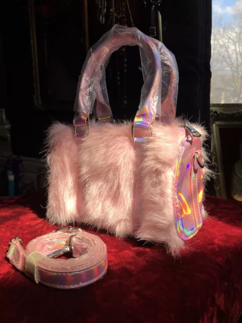 Dolls Kill Sugar Thrillz Pink Faux Fur & Rainbow Holographic Purse New w/o Tags