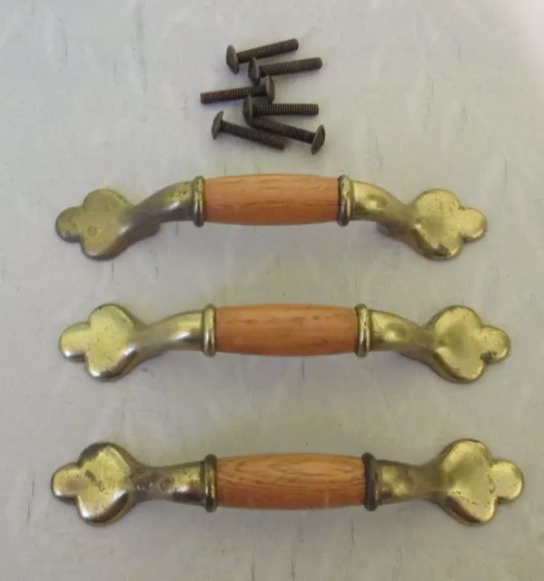 Lot of 3 Vintage Wood & Brass? Metal Cabinet Drawer Handles Pulls 5 ¼”