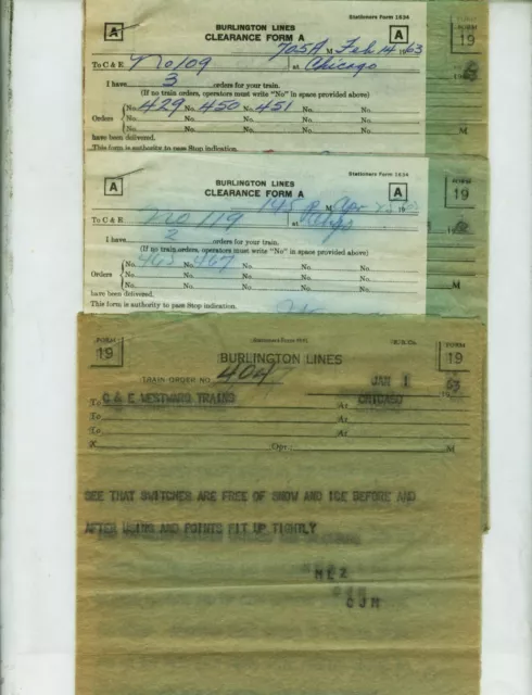 Cb&Q Burlington Lines Train Orders  (24)  Chicago, Illinois  1962, 1963.