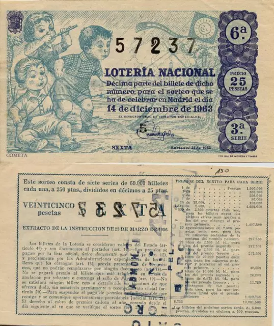 Año 1963. 25 Pts. Décima parte del billete. 14 de Diciembre. Sorteo Nº 35. 2ª S.