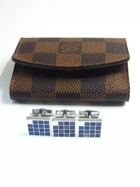 Louis Vuitton Cufflinks Blue Damier Sterling Silver 925 Lot 3 pcs Set & Case