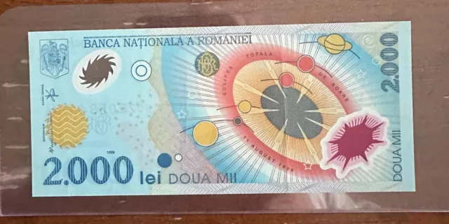 Romania, 2000 Lei 1999, FIRST POLYMER Banknote in Europe