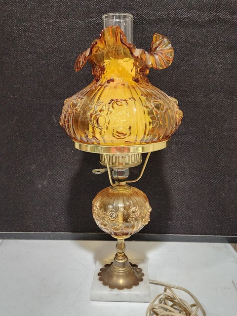 Vintage Fenton Rose Amber Glass 20” Student Marble Base Lamp FREE SHIP