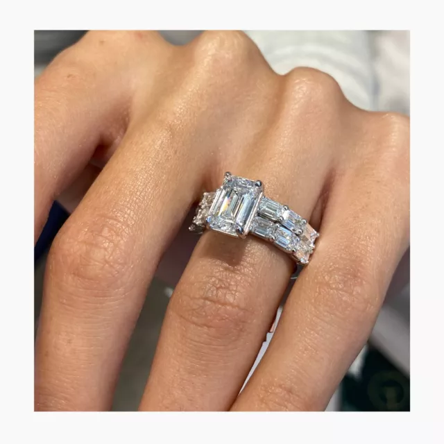 Diamond Emerald Cut Ring & Band Set F VS1 IGI Certified 5 Ct 14K White Gold