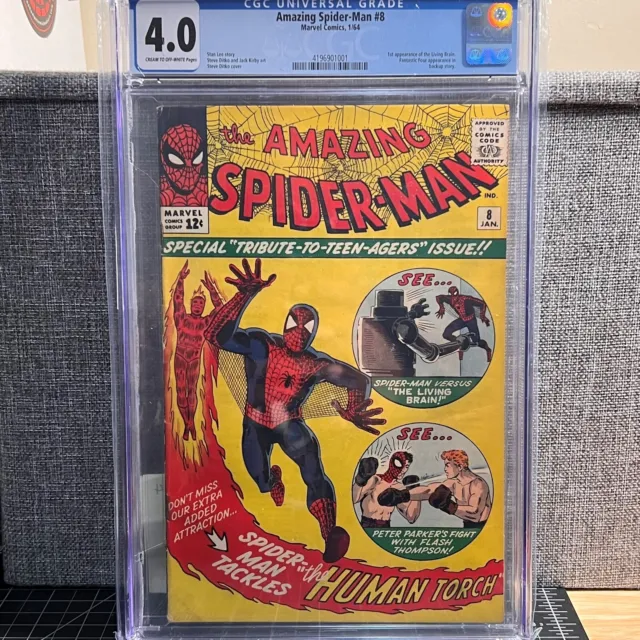 🟥 AMAZING SPIDER-MAN #8 Comic Book CGC 4.0 1ST LIVING BRAIN Marvel 1964 🟨