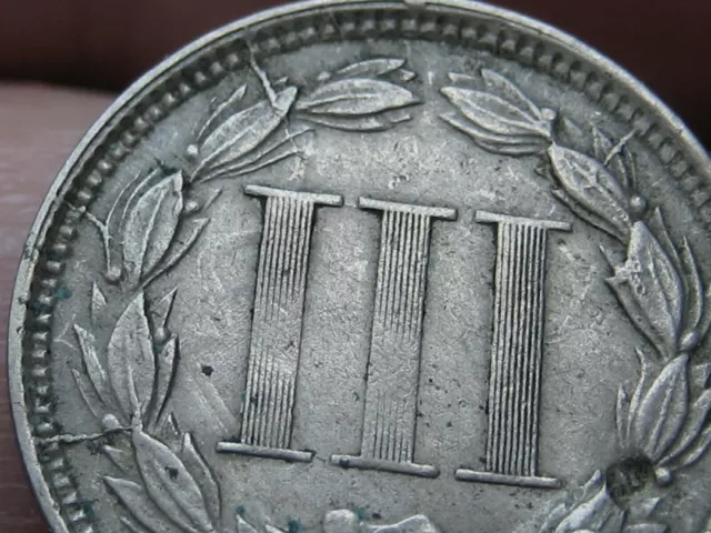1866 Three 3 Cent Nickel- VF/XF Details, Die Cracks, Shattered Reverse