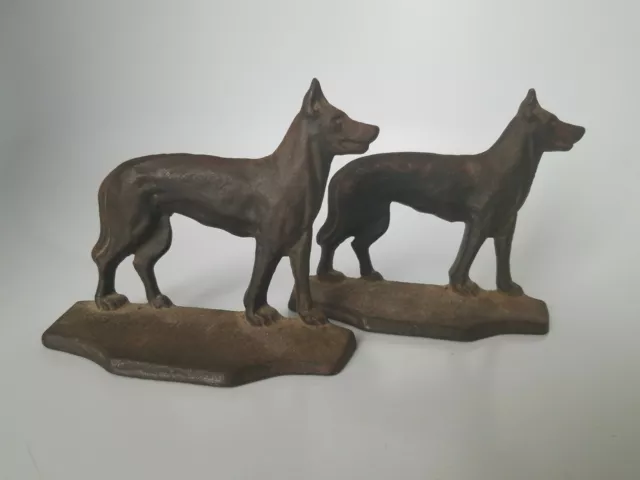 Antique Pair (2) Cast Iron Dog Bookends German Shepherd Arts & Crafts Era Patina