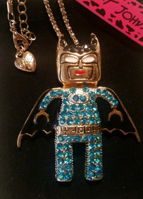 Betsey Johnson Blue Crystal Batman Necklace/Brooch Sweater Necklace