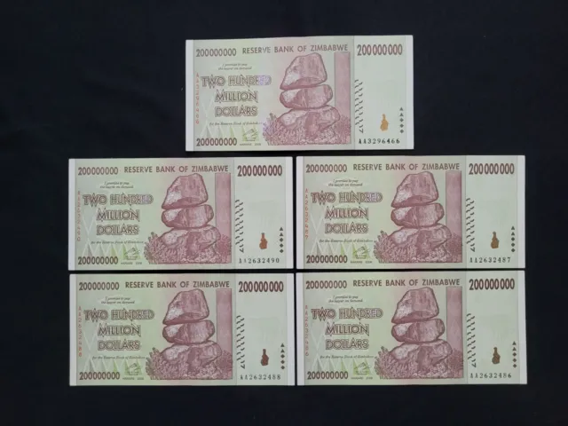 Zimbabwe 5 x 200 Million Dollars 2008 Pick- 81 –  Lot 5 pcs