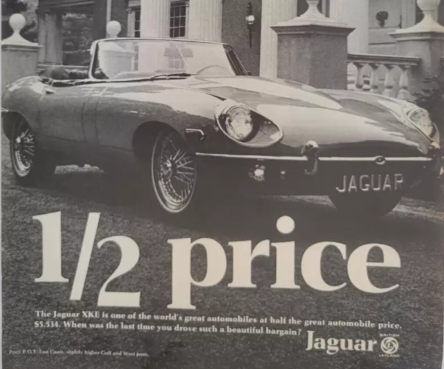 Jaguar XKE Car "1/2 Price Bargain" 1969 Original Ad Time ~8x11"