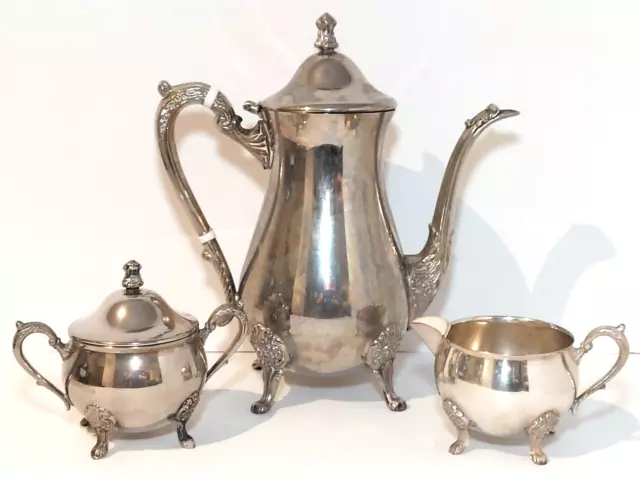 Vintage Leonard Tea Set Silver Plate 3 Piece 10" Coffee Pot Sugar & Creamer Lid