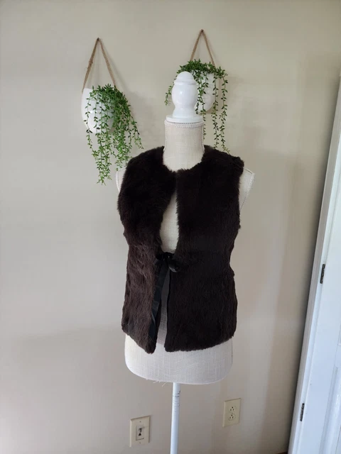 Theory Womens SMALL Brown Rabbit Fur Vest ribbon tie front