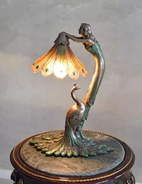 Tischlampe Jugendstil Frauenfigur Pfau Lampe Art Nouveau Leuchte II-Wahl B-Ware 2