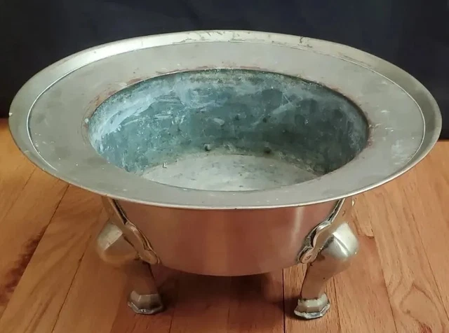 Antique Chinese Brass Brazier Charcoal Coal Pot 3 Legs Engraved Character Signs
