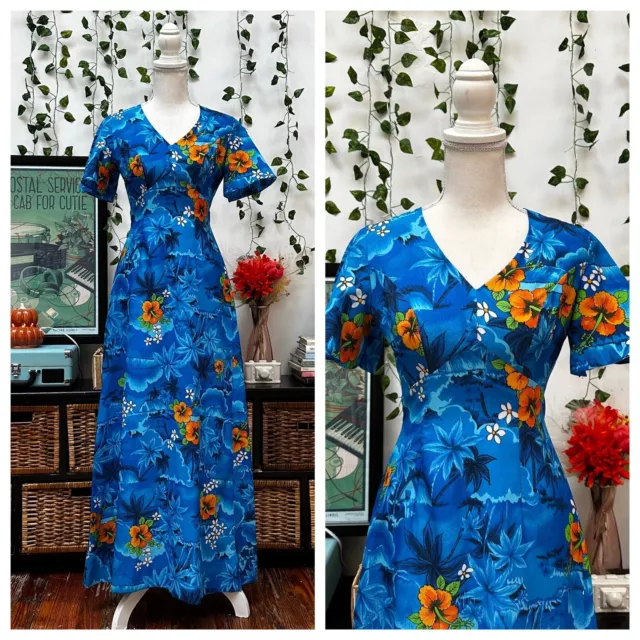 Vintage 60s Royal Hawaiian Maxi Dress Floral Print Hibiscus Tiki Blue XXS XS