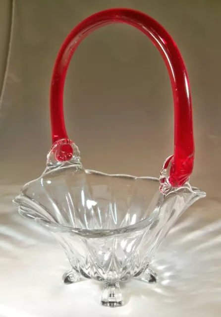 New Martinsville Glass Co. Crystal & Red Handled Janice 4-Paw Footed Basket!