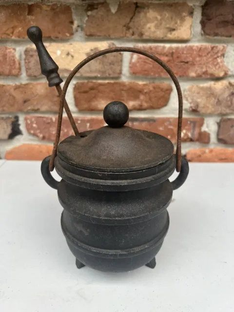 Vintage Cast Iron Fire Starter Smudge Pot Cauldron  Lid Pumice Wand Rustic