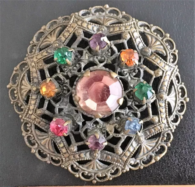 Elegant ANTIQUE Victorian Filigree Brooch Pin Faceted Stones Brass Costume