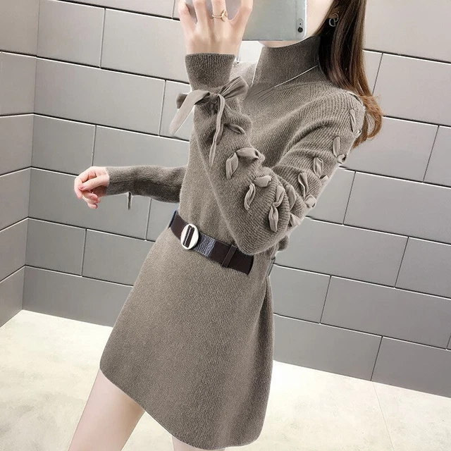 Donna Maglia Mini Abito Lungo Maglione con Cintura collo Alto Moda Casual