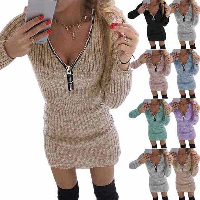 Femmes Sexy Slim Mini Robe Manches Longues Jupe Moulante Pull Tricot *