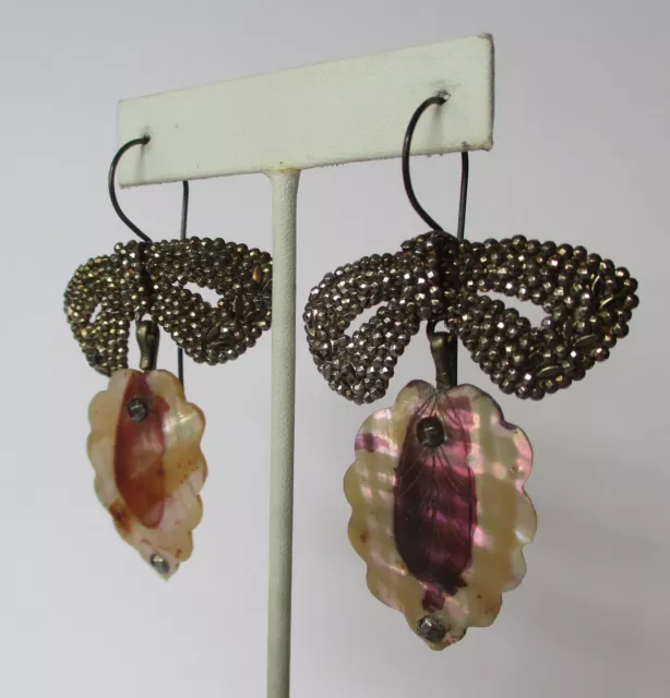 Pair of Unique Antique Victorian  Cut Steel & Mother-of-Pearl Earrings 2