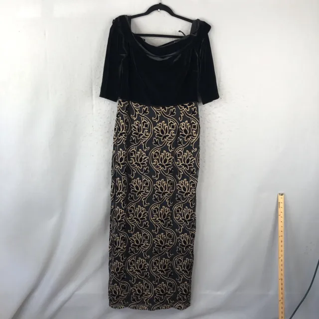 Adrianna Papell Maxi Dress Womens 14 Black Velvet Evening Event Gold Metallic